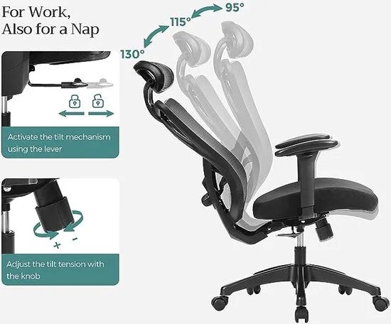 FurnStar - Bureaustoel - Ergonomische bureaustoel - Computerstoel - Mesh stoel - Verstelbare lendensteun en hoofdsteun - Maximale belasting 150 kg - Hoogte verstelbaar - Zwart