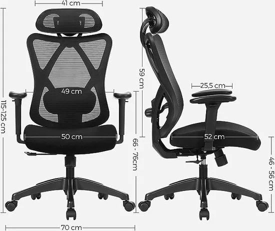 FurnStar - Bureaustoel - Ergonomische bureaustoel - Computerstoel - Mesh stoel - Verstelbare lendensteun en hoofdsteun - Maximale belasting 150 kg - Hoogte verstelbaar - Zwart