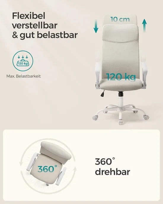 FurnStar Bureaustoel – Ergonomische Draaistoel met Gevoerde Zitting – In Hoogte Verstelbaar & Kantelbaar – Belastbaar tot 120 kg – Cappuccino-Beige