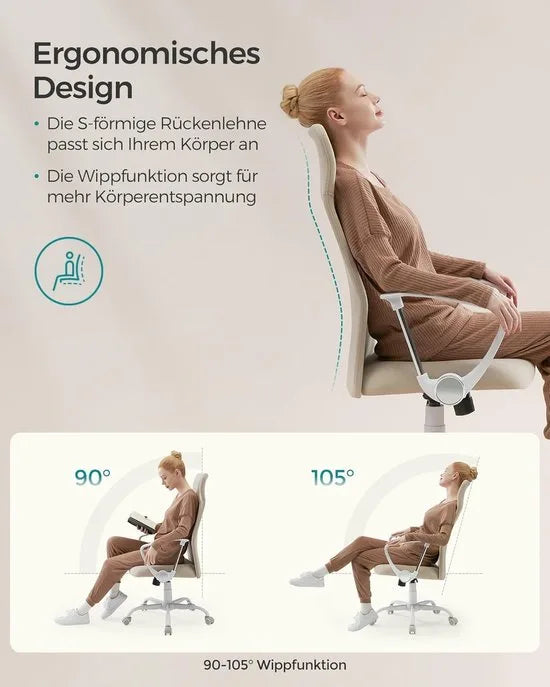 FurnStar Bureaustoel – Ergonomische Draaistoel met Gevoerde Zitting – In Hoogte Verstelbaar & Kantelbaar – Belastbaar tot 120 kg – Cappuccino-Beige