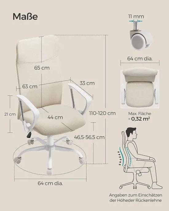 FurnStar Bureaustoel – Ergonomische Draaistoel met Gevoerde Zitting – In Hoogte Verstelbaar & Kantelbaar – Belastbaar tot 120 kg – Cappuccino-Beige