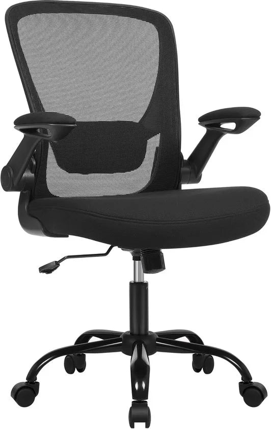 Furnstar Bureaustoel – Ergonomische Office Chair met Opklapbare Armleuningen – 360° Draaistoel – Verstelbare Lendensteun – Zwart – OBN37BK
