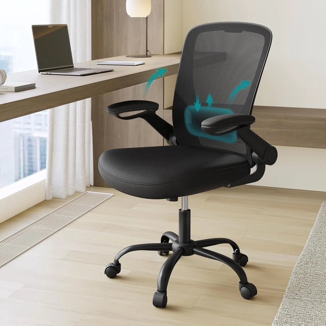 Furnstar Bureaustoel – Ergonomische Office Chair met Opklapbare Armleuningen – 360° Draaistoel – Verstelbare Lendensteun – Zwart – OBN37BK