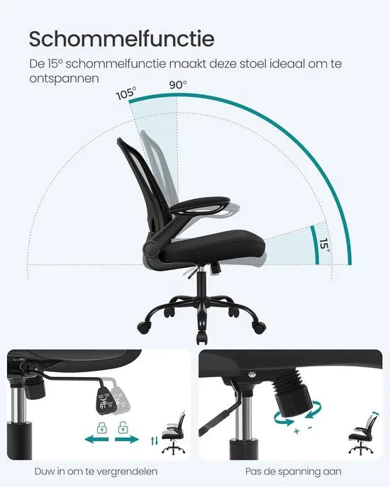 Furnstar Bureaustoel – Ergonomische Office Chair met Opklapbare Armleuningen – 360° Draaistoel – Verstelbare Lendensteun – Zwart – OBN37BK
