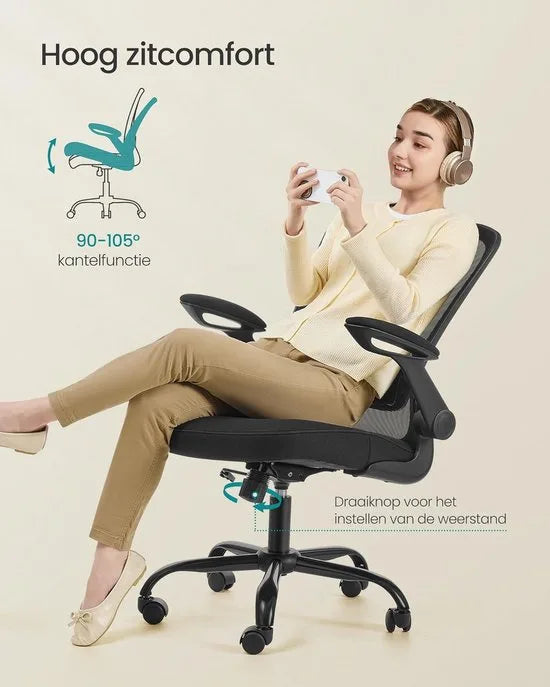 Furnstar Bureaustoel – Ergonomische Office Chair met Opklapbare Armleuningen – 360° Draaistoel – Verstelbare Lendensteun – Zwart – OBN37BK