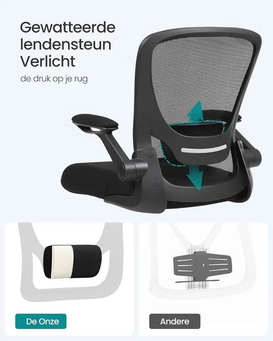 Furnstar Bureaustoel – Ergonomische Office Chair met Opklapbare Armleuningen – 360° Draaistoel – Verstelbare Lendensteun – Zwart – OBN37BK