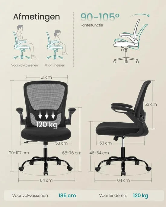 Furnstar Bureaustoel – Ergonomische Office Chair met Opklapbare Armleuningen – 360° Draaistoel – Verstelbare Lendensteun – Zwart – OBN37BK