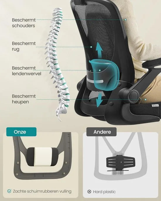 Furnstar Bureaustoel – Ergonomische Office Chair met Opklapbare Armleuningen – 360° Draaistoel – Verstelbare Lendensteun – Zwart – OBN37BK
