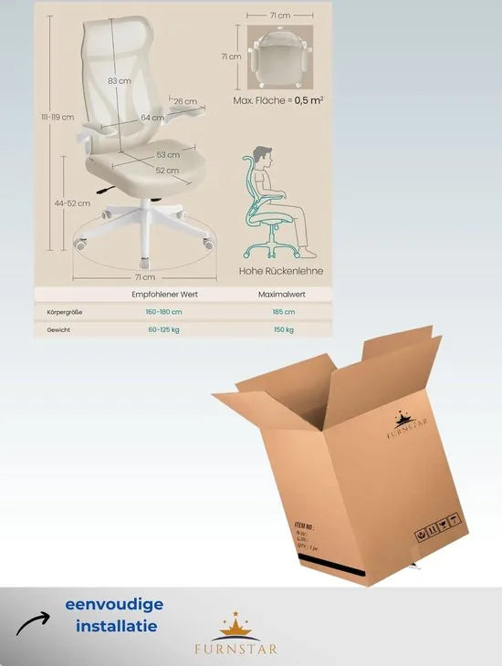 FurnStar - Bureaustoel - ergonomische rugleuning - in hoogte verstelbaar - opklapbare armleuningen - draaistoel met hoofdsteun - tot 150 kg belastbaar - cappuccinobeige