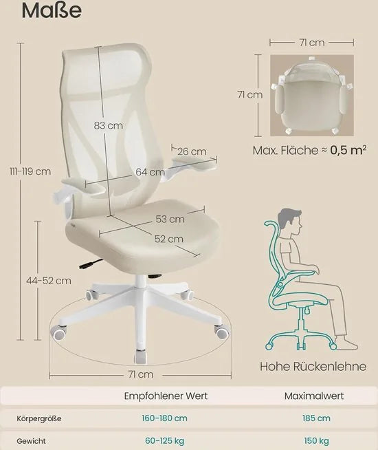 FurnStar - Bureaustoel - ergonomische rugleuning - in hoogte verstelbaar - opklapbare armleuningen - draaistoel met hoofdsteun - tot 150 kg belastbaar - cappuccinobeige