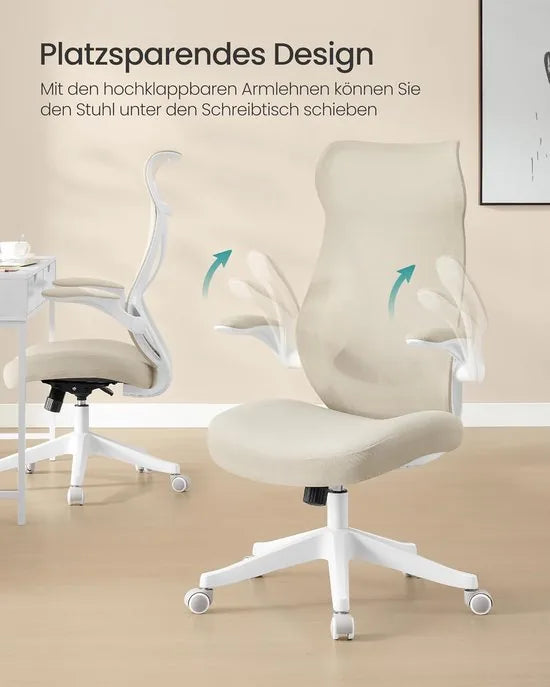 FurnStar - Bureaustoel - ergonomische rugleuning - in hoogte verstelbaar - opklapbare armleuningen - draaistoel met hoofdsteun - tot 150 kg belastbaar - cappuccinobeige