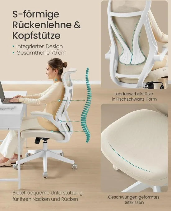 FurnStar - Bureaustoel - ergonomische rugleuning - in hoogte verstelbaar - opklapbare armleuningen - draaistoel met hoofdsteun - tot 150 kg belastbaar - cappuccinobeige