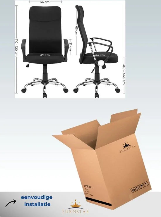 FurnStar - Bureaustoel - Ergonomische vergaderstoel - Draaibare zitting - Gevoerde zitting - In hoogte verstelbaar en kantelbaar - Draagvermogen 120 kg - Zwart