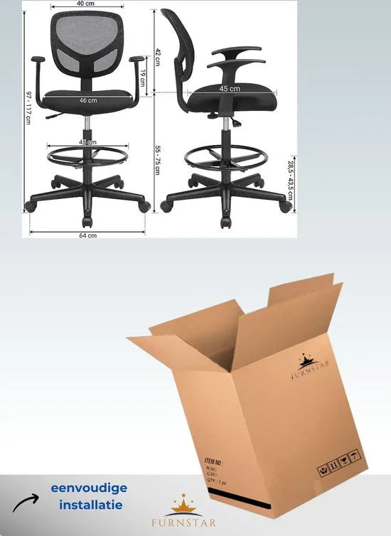 FurnStar - Bureaustoel - Set van 2 - Ergonomische bureaustoel met armleuningen - Zithoogte 55-75 cm - Hoge draaistoel met verstelbare voetenring - Draagvermogen 120 kg - Zwart