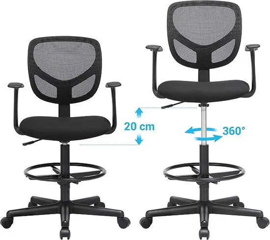FurnStar - Bureaustoel - Set van 2 - Ergonomische bureaustoel met armleuningen - Zithoogte 55-75 cm - Hoge draaistoel met verstelbare voetenring - Draagvermogen 120 kg - Zwart