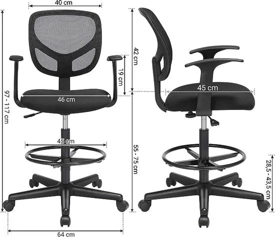FurnStar - Bureaustoel - Set van 2 - Ergonomische bureaustoel met armleuningen - Zithoogte 55-75 cm - Hoge draaistoel met verstelbare voetenring - Draagvermogen 120 kg - Zwart