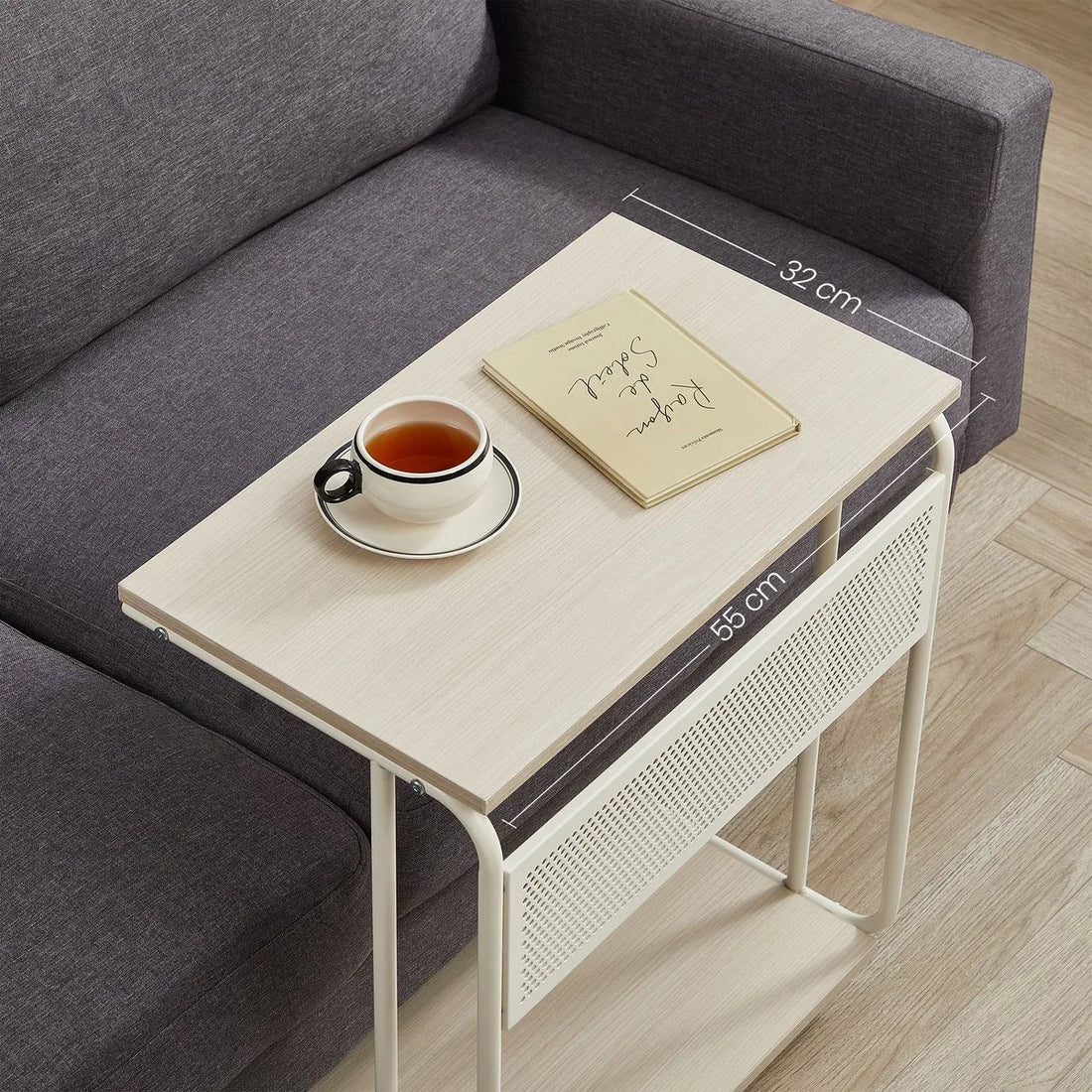 Furnstar C-Vormige Bijzettafel – Met Wieltjes – 55 x 24 x 66 cm – Multifunctioneel Laptop- & Sofa Tafel – Industrieel Design – Crème Wit