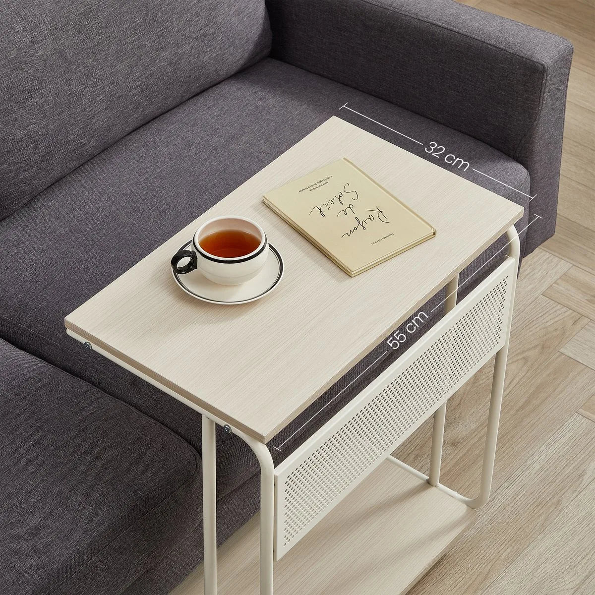 Furnstar C-Vormige Bijzettafel – Met Wieltjes – 55 x 24 x 66 cm – Multifunctioneel Laptop- & Sofa Tafel – Industrieel Design – Crème Wit