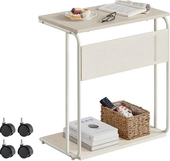Furnstar C-Vormige Bijzettafel – Met Wieltjes – 55 x 24 x 66 cm – Multifunctioneel Laptop- & Sofa Tafel – Industrieel Design – Crème Wit
