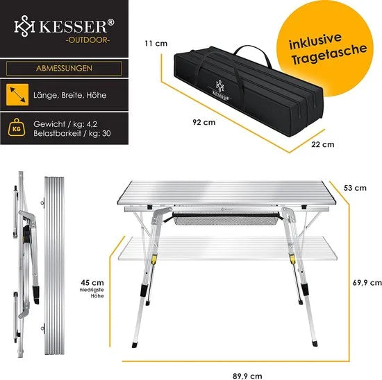 FurnStar - Campingtafel - Klaptafel - Campingtafel Met Aluminium Frame - In Hoogte Verstelbaar - Inclusief Draagtas Met Riem - 90 X 53 Cm - Zilver