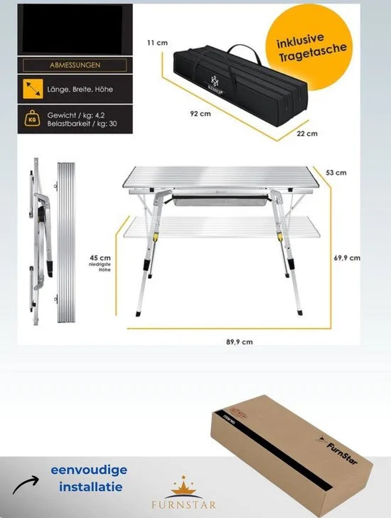FurnStar - Campingtafel - Klaptafel - Campingtafel Met Aluminium Frame - In Hoogte Verstelbaar - Inclusief Draagtas Met Riem - 90 X 53 Cm - Zilver
