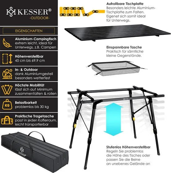 FurnStar - Campingtafel - Klaptafel - Campingtafel Met Aluminium Frame - In Hoogte Verstelbaar - Inclusief Draagtas Met Riem - 90 X 53 Cm - Zwart