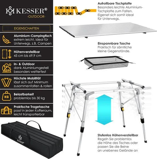 FurnStar - Campingtafel - Klaptafel - Campingtafel Met Aluminium Frame - In Hoogte Verstelbaar - Inclusief Draagtas Met Riem - 90 X 53 Cm - Zilver
