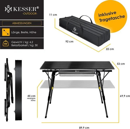 FurnStar - Campingtafel - Klaptafel - Campingtafel Met Aluminium Frame - In Hoogte Verstelbaar - Inclusief Draagtas Met Riem - 90 X 53 Cm - Zwart