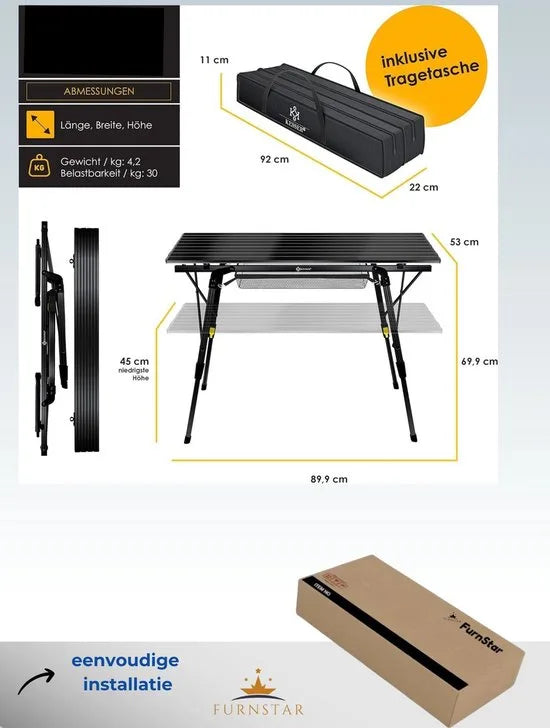 FurnStar - Campingtafel - Klaptafel - Campingtafel Met Aluminium Frame - In Hoogte Verstelbaar - Inclusief Draagtas Met Riem - 90 X 53 Cm - Zwart