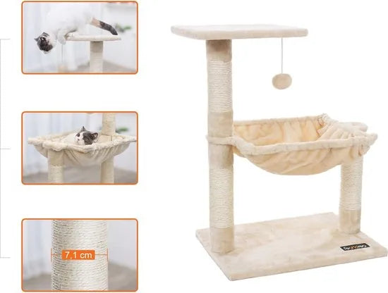 FurnStar - Cats Climb Tree - Stabiele kattenboom met pluche en zachte hangmat - 50L x 36W x 70H cm - Beige