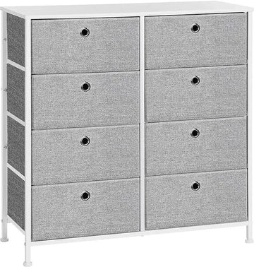 FurnStar Commode – Opbergkast met 8 stoffen laden – Metalen frame en tafelblad – Voor kledingkast of woonkamer – Lichtgrijs/Wit