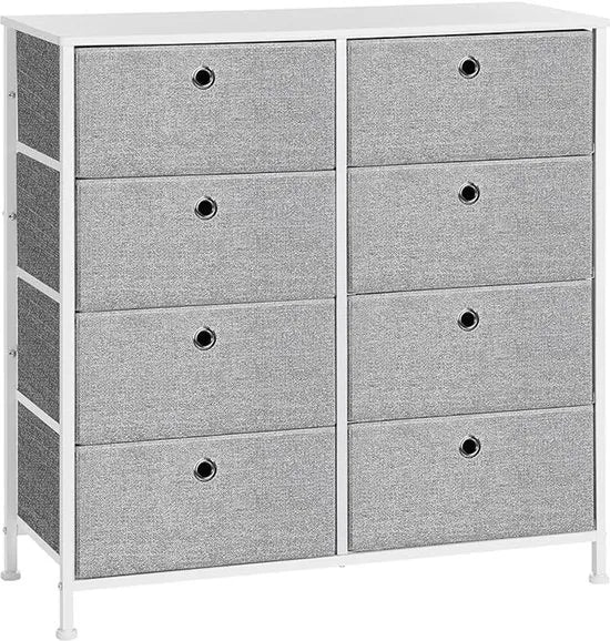 FurnStar Commode – Opbergkast met 8 stoffen laden – Metalen frame en tafelblad – Voor kledingkast of woonkamer – Lichtgrijs/Wit