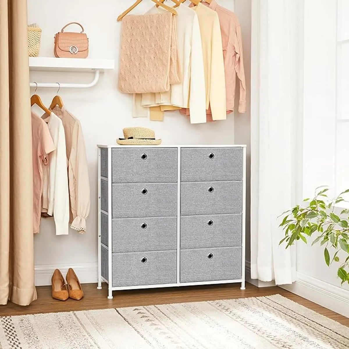 FurnStar Commode – Opbergkast met 8 stoffen laden – Metalen frame en tafelblad – Voor kledingkast of woonkamer – Lichtgrijs/Wit