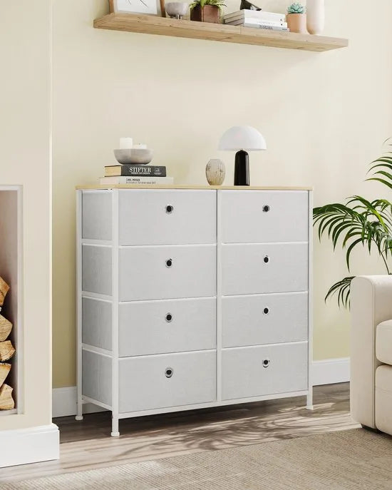 FurnStar Commode – Opbergkast met 8 stoffen laden – Metalen frame en tafelblad – Voor kledingkast of woonkamer – Lichtgrijs/Wit – Crèmewit-eiken