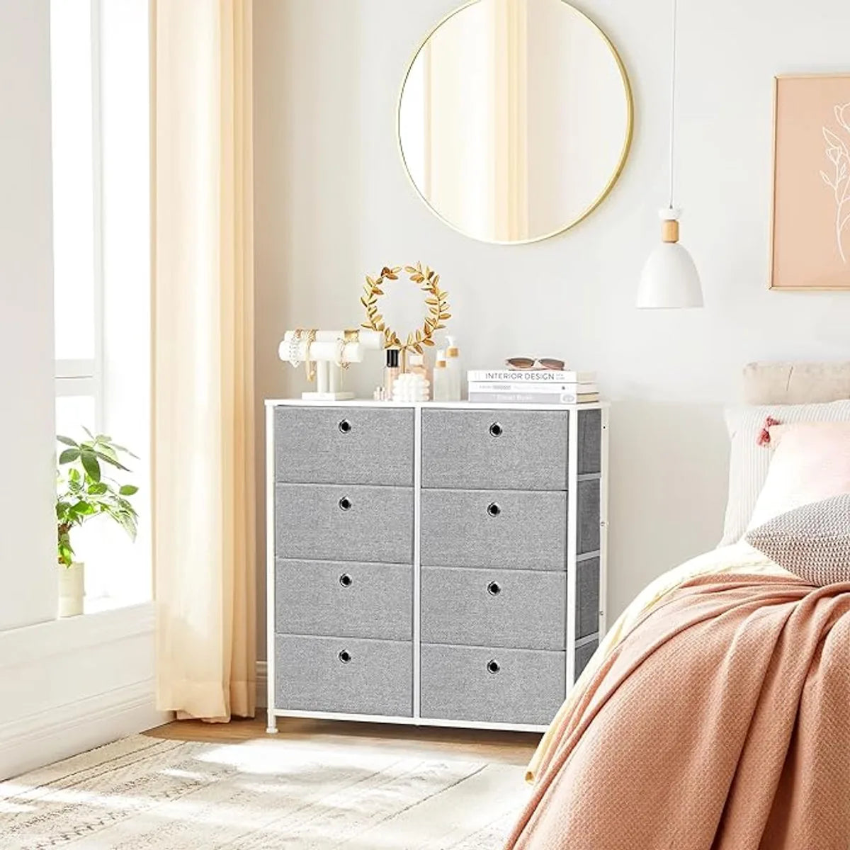 FurnStar Commode – Opbergkast met 8 stoffen laden – Metalen frame en tafelblad – Voor kledingkast of woonkamer – Lichtgrijs/Wit