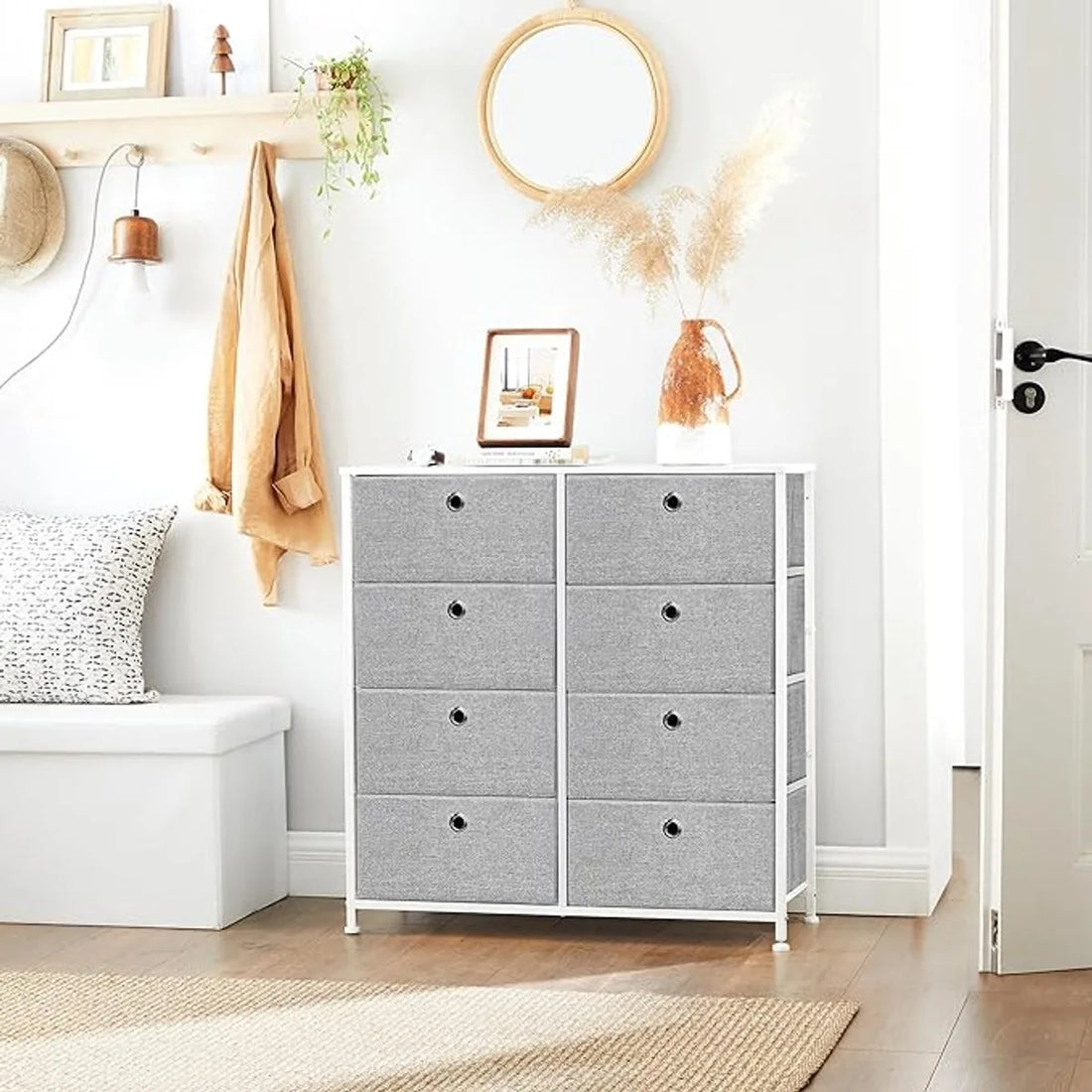 FurnStar Commode – Opbergkast met 8 stoffen laden – Metalen frame en tafelblad – Voor kledingkast of woonkamer – Lichtgrijs/Wit