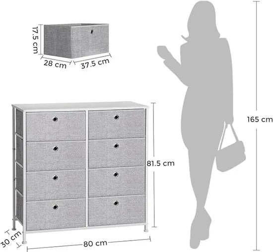 FurnStar Commode – Opbergkast met 8 stoffen laden – Metalen frame en tafelblad – Voor kledingkast of woonkamer – Lichtgrijs/Wit