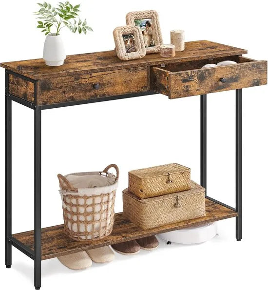Furnstar Console Tafel – Haltafel – Sidetable – Met 2 Lades – Industrieel Design – Vintage Bruin Zwart