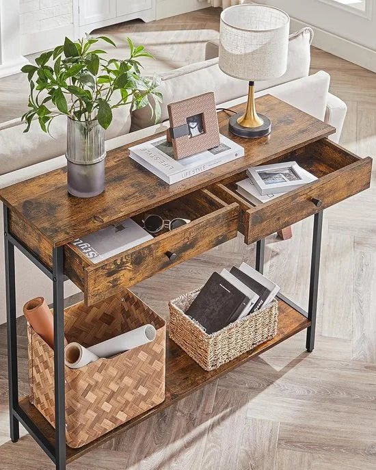 Furnstar Console Tafel – Haltafel – Sidetable – Met 2 Lades – Industrieel Design – Vintage Bruin Zwart