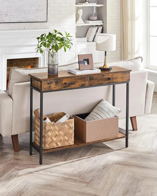 Furnstar Console Tafel – Haltafel – Sidetable – Met 2 Lades – Industrieel Design – Vintage Bruin Zwart