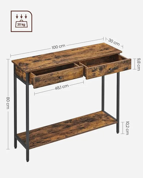 Furnstar Console Tafel – Haltafel – Sidetable – Met 2 Lades – Industrieel Design – Vintage Bruin Zwart