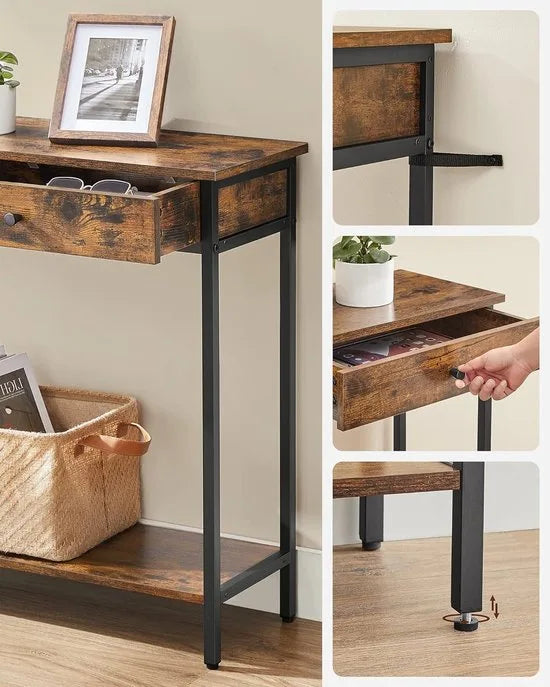 Furnstar Console Tafel – Haltafel – Sidetable – Met 2 Lades – Industrieel Design – Vintage Bruin Zwart