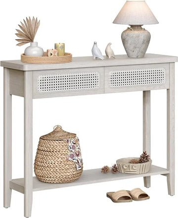 Furnstar Consoletafel – Haltafel met 2 Laden & Open Plank – Smalle Banktafel voor Hal of Woonkamer – Boho-Stijl – Afgeronde Hoeken – Beige - LNT016K66