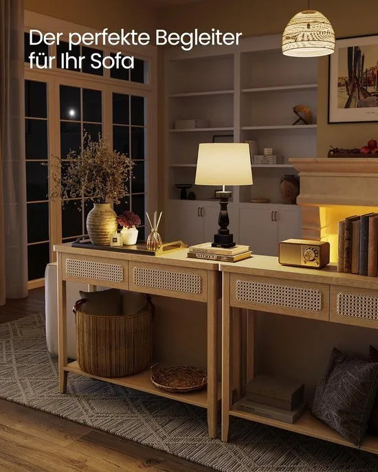 Furnstar Consoletafel – Haltafel met 2 Laden & Open Plank – Smalle Banktafel voor Hal of Woonkamer – Boho-Stijl – Afgeronde Hoeken – Grenenhout – LNT016Y57