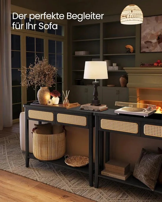 Furnstar Consoletafel – Haltafel met 2 Laden & Open Plank – Smalle Banktafel voor Hal of Woonkamer – Boho-Stijl – Afgeronde Hoeken – Zwart - LNT016B21