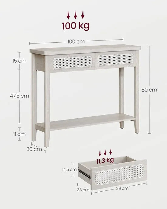 Furnstar Consoletafel – Haltafel met 2 Laden & Open Plank – Smalle Banktafel voor Hal of Woonkamer – Boho-Stijl – Afgeronde Hoeken – Beige - LNT016K66