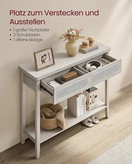 Furnstar Consoletafel – Haltafel met 2 Laden & Open Plank – Smalle Banktafel voor Hal of Woonkamer – Boho-Stijl – Afgeronde Hoeken – Beige - LNT016K66