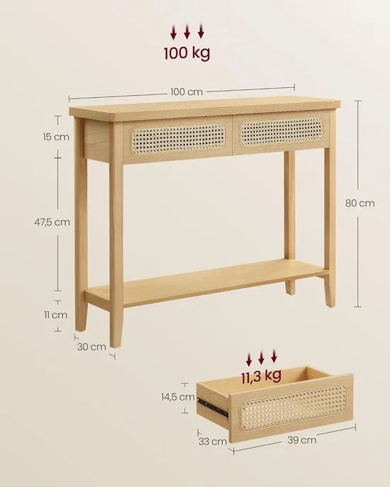 Furnstar Consoletafel – Haltafel met 2 Laden & Open Plank – Smalle Banktafel voor Hal of Woonkamer – Boho-Stijl – Afgeronde Hoeken – Grenenhout – LNT016Y57