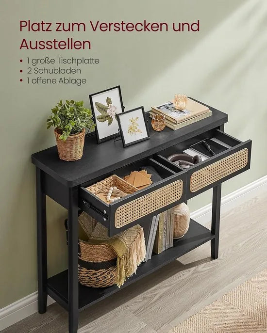 Furnstar Consoletafel – Haltafel met 2 Laden & Open Plank – Smalle Banktafel voor Hal of Woonkamer – Boho-Stijl – Afgeronde Hoeken – Zwart - LNT016B21