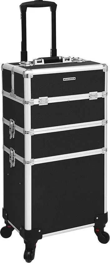 FurnStar - Cosmetische koffer - Professionele make-upkoffer - 3-in-1 Reiscosmetische koffer - Grote trolley voor kappers - Afsluitbaar - met 360° draaibare universele wielen - Zwart